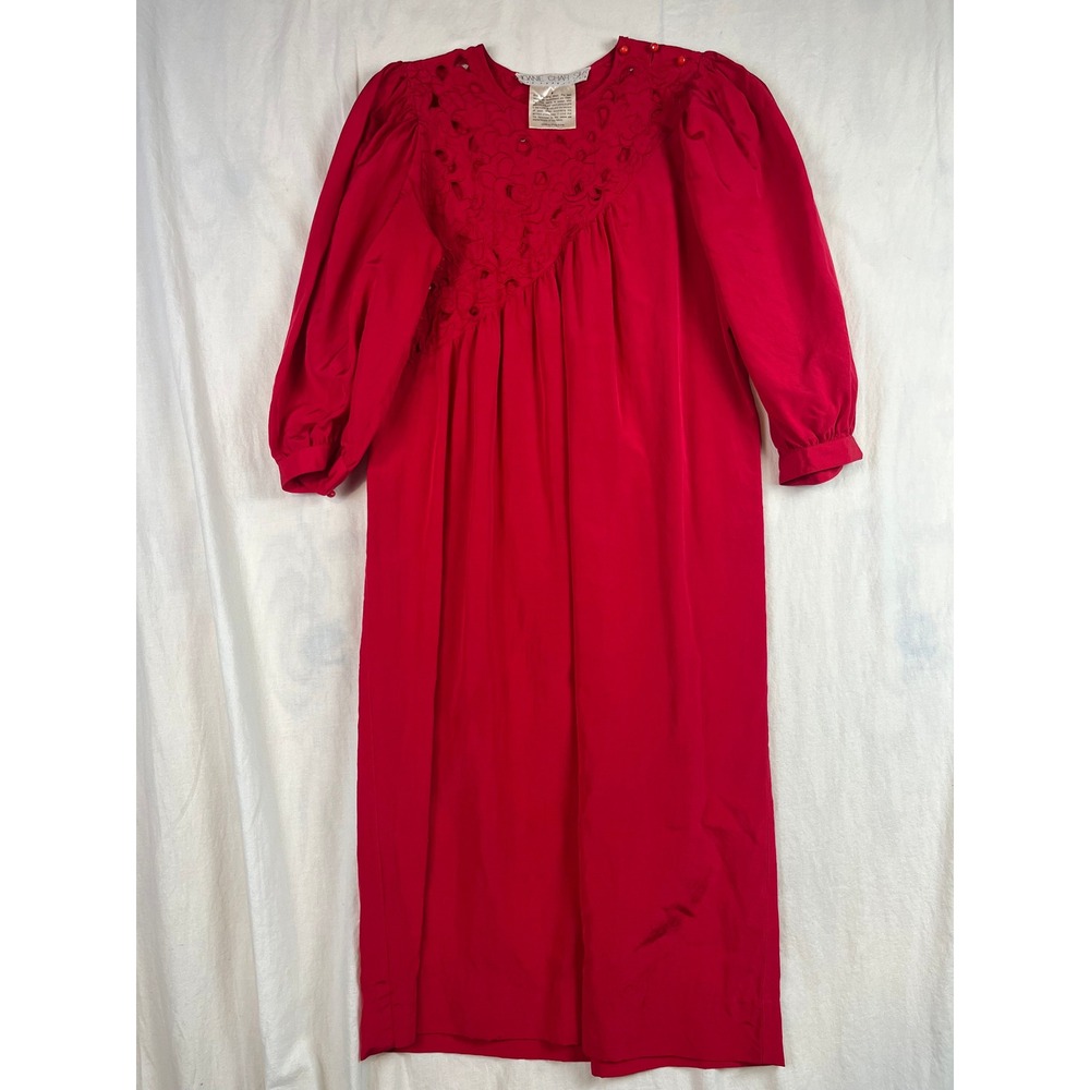 Joanie Char Silk Wool Red Vintage Midi Dress‎ Embroidery Puff Sleeve Womens 6
